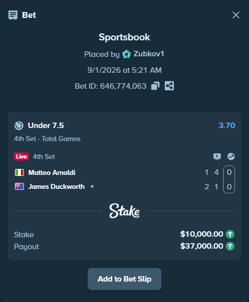 Bet slip: Matteo Arnaldi - James Duckworth, $10,000.00 stake at 3.70 odds, placed by Zubkov1