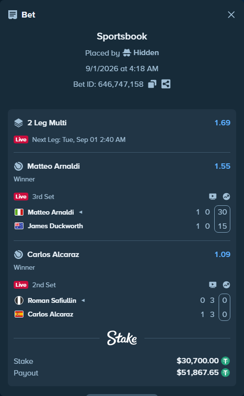 Bet slip: Matteo Arnaldi - James Duckworth, $30,700.00 stake at 1.55 odds, placed by Hidden