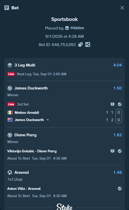Bet slip: Matteo Arnaldi - James Duckworth, $49,948.00 stake at 1.50 odds, placed by Hidden