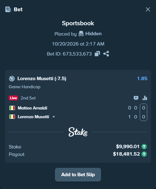 Bet slip: Matteo Arnaldi - Lorenzo Musetti, $10,000.00 stake at 1.85 odds, placed by Hidden