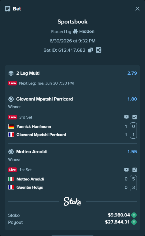 Bet slip: Matteo Arnaldi - Quentin Halys, $10,000.00 stake at 1.55 odds, placed by Hidden