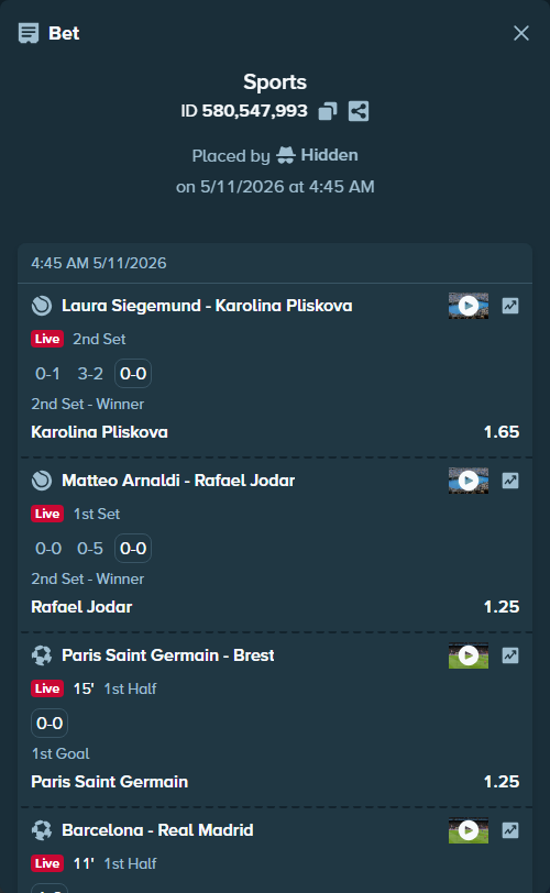 Bet slip: Matteo Arnaldi - Rafael Jodar, $10,000.00 stake at 1.25 odds, placed by Hidden
