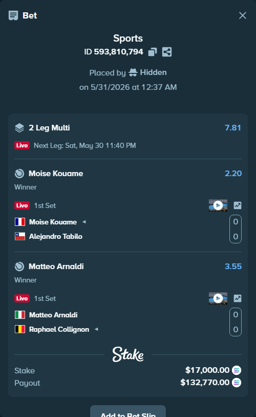 Bet slip: Matteo Arnaldi - Raphael Collignon, $15,125.40 stake at 3.55 odds, placed by Hidden