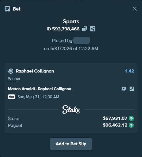 Bet slip: Matteo Arnaldi - Raphael Collignon, $67,999.00 stake at 1.42 odds, placed by hingis79