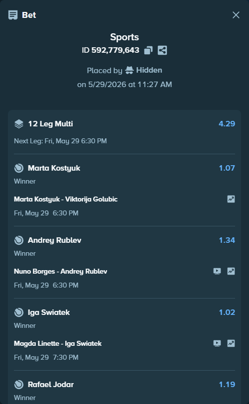 Bet slip: Matteo Arnaldi - Raphael Collignon, $78,457.37 stake at 1.23 odds, placed by Hidden