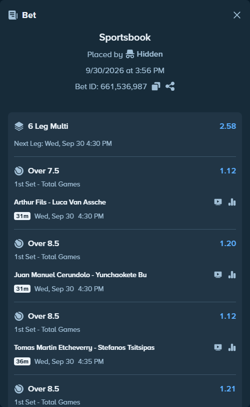 Bet slip: Matteo Arnaldi - Rei Sakamoto, $10,000.00 stake at 1.21 odds, placed by Hidden