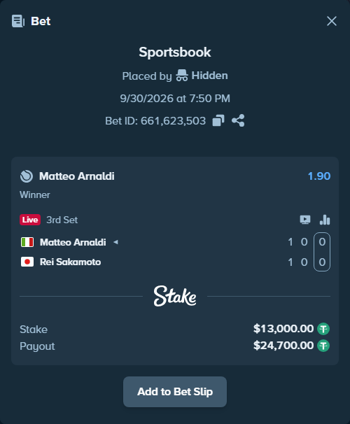 Bet slip: Matteo Arnaldi - Rei Sakamoto, $13,000.00 stake at 1.90 odds, placed by Zackocracko26