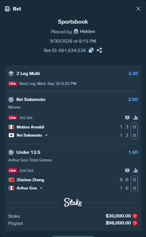 Bet slip: Matteo Arnaldi - Rei Sakamoto, $30,138.78 stake at 2.00 odds, placed by Hidden