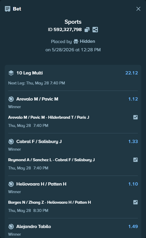 Bet slip: Matteo Arnaldi - Stefanos Tsitsipas, $10,000.00 stake at 1.56 odds, placed by Hidden