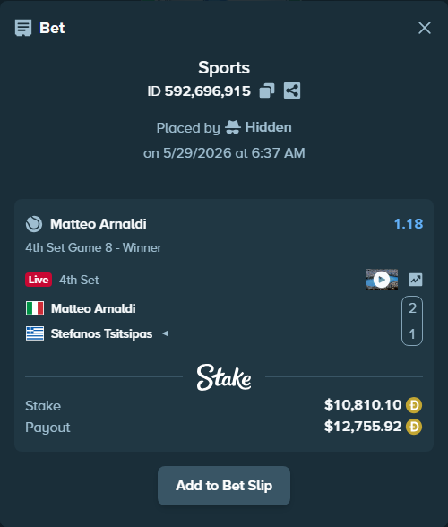 Bet slip: Matteo Arnaldi - Stefanos Tsitsipas, $9,052.10 stake at 1.18 odds, placed by Hidden