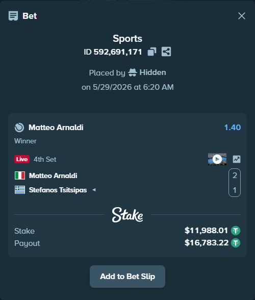 Bet slip: Matteo Arnaldi - Stefanos Tsitsipas, $12,000.00 stake at 1.40 odds, placed by Hidden