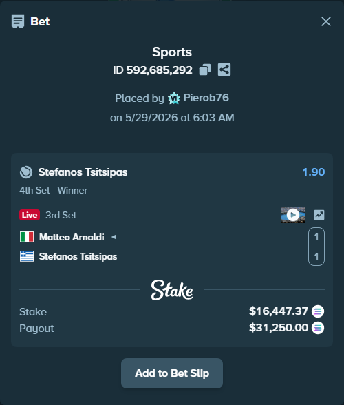 Bet slip: Matteo Arnaldi - Stefanos Tsitsipas, $14,682.00 stake at 1.90 odds, placed by Pierob76