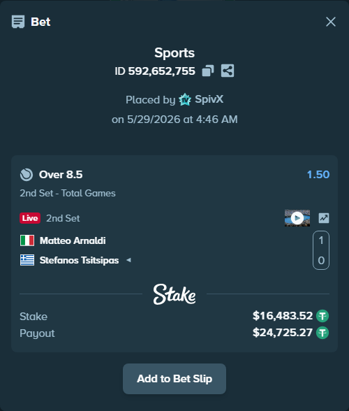 Bet slip: Matteo Arnaldi - Stefanos Tsitsipas, $16,500.00 stake at 1.50 odds, placed by SpivX