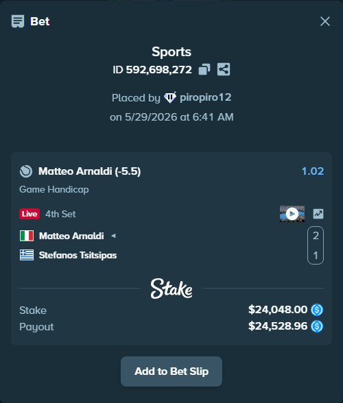 Bet slip: Matteo Arnaldi - Stefanos Tsitsipas, $24,048.00 stake at 1.02 odds, placed by piropiro12