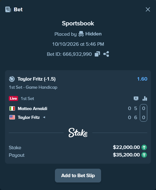 Bet slip: Matteo Arnaldi - Taylor Fritz, $22,022.00 stake at 1.60 odds, placed by jacqku1