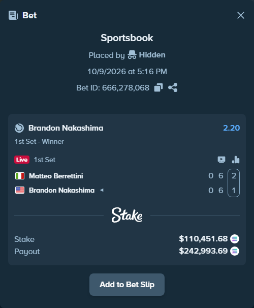 Bet slip: Matteo Berrettini - Brandon Nakashima, $110,402.26 stake at 2.20 odds, placed by Prettylfacko98
