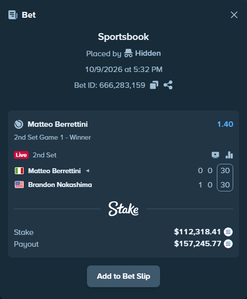 Bet slip: Matteo Berrettini - Brandon Nakashima, $111,647.01 stake at 1.40 odds, placed by Prettylfacko98