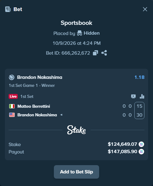 Bet slip: Matteo Berrettini - Brandon Nakashima, $124,200.30 stake at 1.18 odds, placed by Prettylfacko98