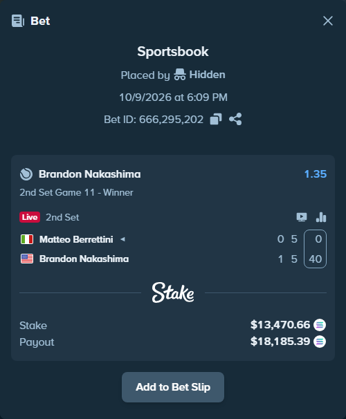 Bet slip: Matteo Berrettini - Brandon Nakashima, $13,466.24 stake at 1.35 odds, placed by Prettylfacko98