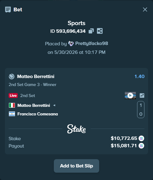 Bet slip: Matteo Berrettini - Francisco Comesana, $9,616.38 stake at 1.40 odds, placed by Prettylfacko98