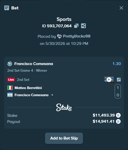 Bet slip: Matteo Berrettini - Francisco Comesana, $10,268.20 stake at 1.30 odds, placed by Prettylfacko98