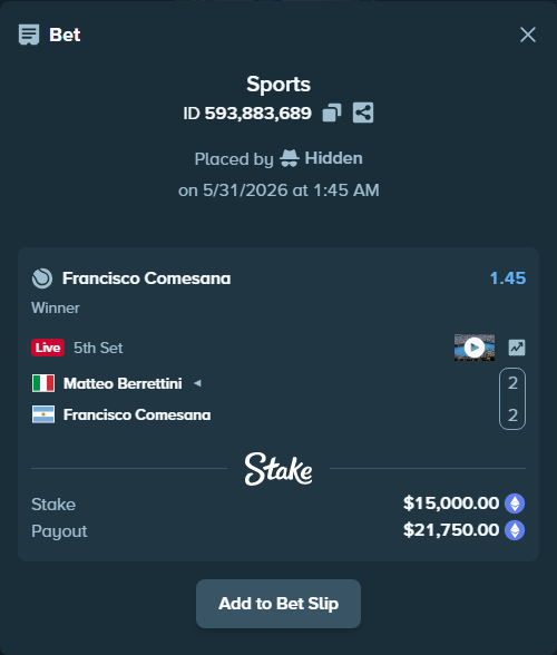 Bet slip: Matteo Berrettini - Francisco Comesana, $12,848.71 stake at 1.45 odds, placed by Hidden