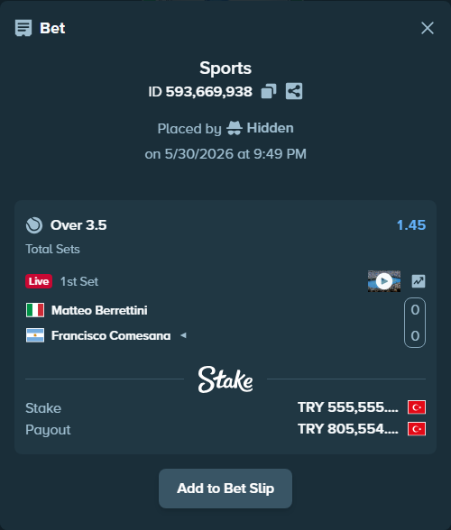 Bet slip: Matteo Berrettini - Francisco Comesana, $16,666.65 stake at 1.45 odds, placed by Hidden