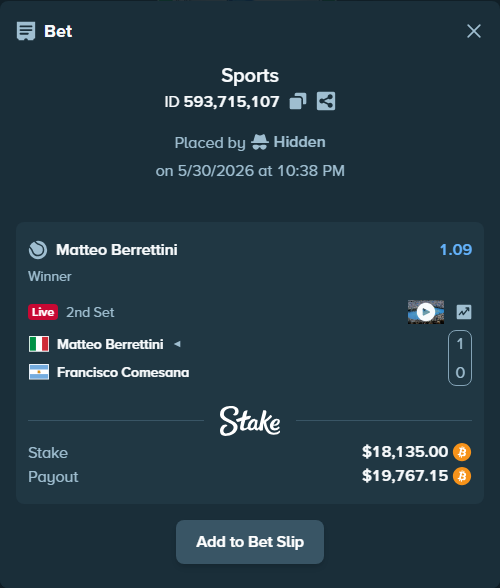 Bet slip: Matteo Berrettini - Francisco Comesana, $15,854.43 stake at 1.09 odds, placed by Hidden