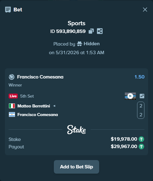 Bet slip: Matteo Berrettini - Francisco Comesana, $19,997.98 stake at 1.50 odds, placed by Hidden