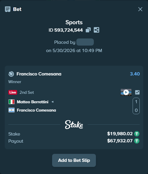 Bet slip: Matteo Berrettini - Francisco Comesana, $20,000.00 stake at 3.40 odds, placed by diomancy