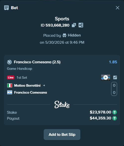Bet slip: Matteo Berrettini - Francisco Comesana, $24,001.98 stake at 1.85 odds, placed by Hidden