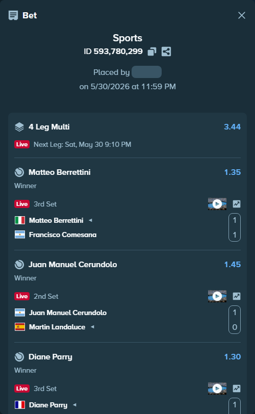 Bet slip: Matteo Berrettini - Francisco Comesana, $53,494.48 stake at 1.35 odds, placed by JanSilas