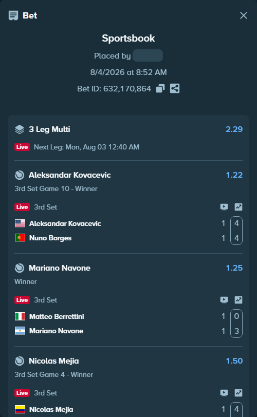 Bet slip: Matteo Berrettini - Mariano Navone, $10,010.00 stake at 1.25 odds, placed by Jan4iks