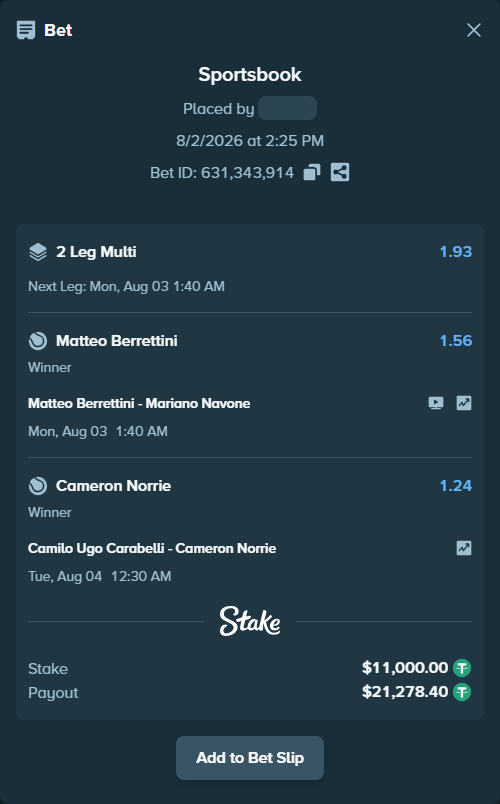 Bet slip: Matteo Berrettini - Mariano Navone, $11,011.00 stake at 1.56 odds, placed by Jupavelli