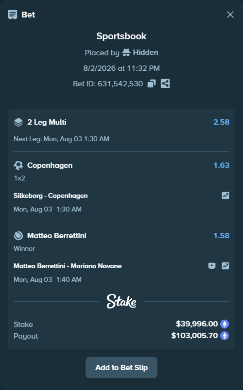 Bet slip: Matteo Berrettini - Mariano Navone, $41,036.41 stake at 1.58 odds, placed by Hidden