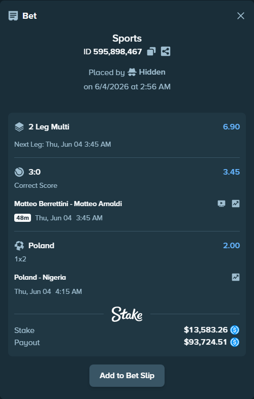 Bet slip: Matteo Berrettini - Matteo Arnaldi, $13,583.26 stake at 3.45 odds, placed by Hidden