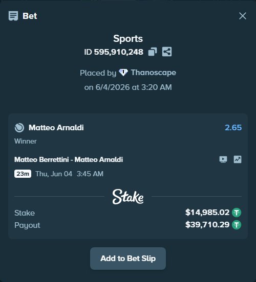 Bet slip: Matteo Berrettini - Matteo Arnaldi, $15,000.00 stake at 2.65 odds, placed by Thanoscape