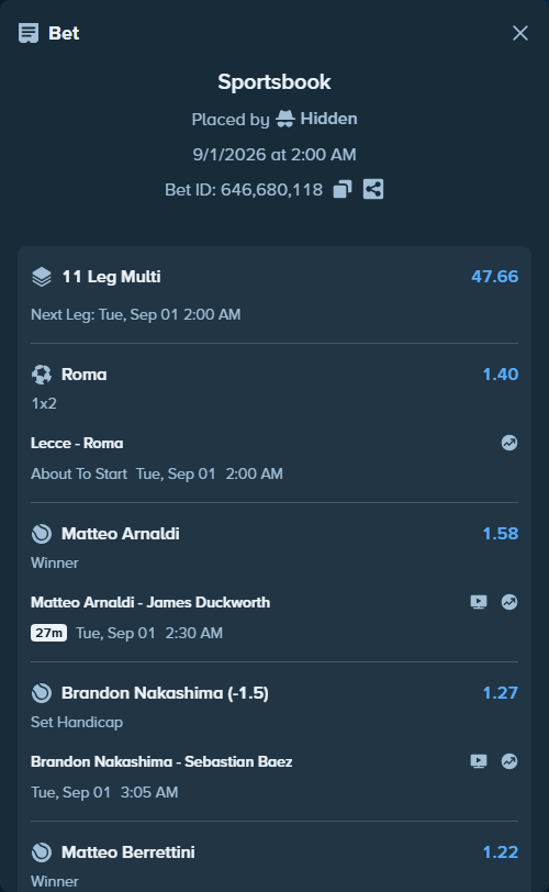 Bet slip: Matteo Berrettini - Stan Wawrinka, $10,000.00 stake at 1.22 odds, placed by Hidden