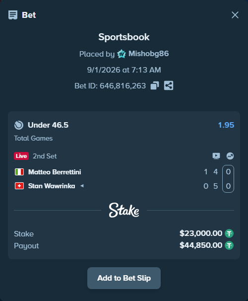 Bet slip: Matteo Berrettini - Stan Wawrinka, $23,000.00 stake at 1.95 odds, placed by Mishobg86