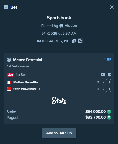 Bet slip: Matteo Berrettini - Stan Wawrinka, $54,000.00 stake at 1.55 odds, placed by Hidden