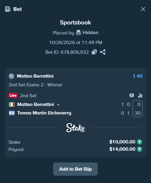 Bet slip: Matteo Berrettini - Tomas Martin Etcheverry, $10,010.00 stake at 1.40 odds, placed by Hidden