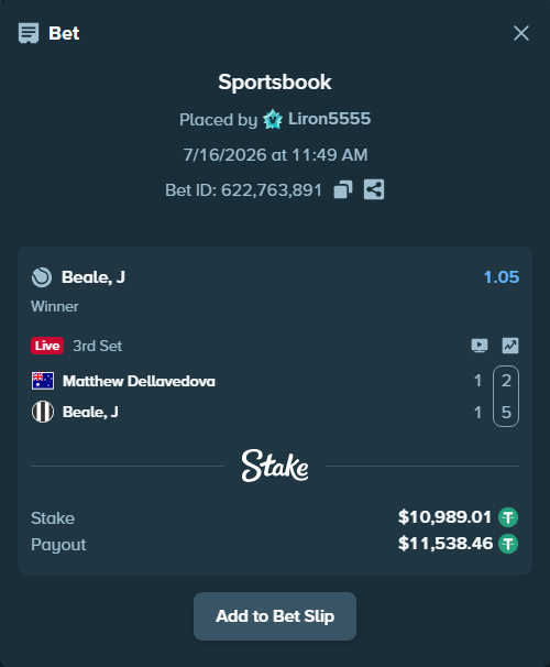 Bet slip: Matthew Dellavedova - Beale, J, $11,000.00 stake at 1.05 odds, placed by Liron5555