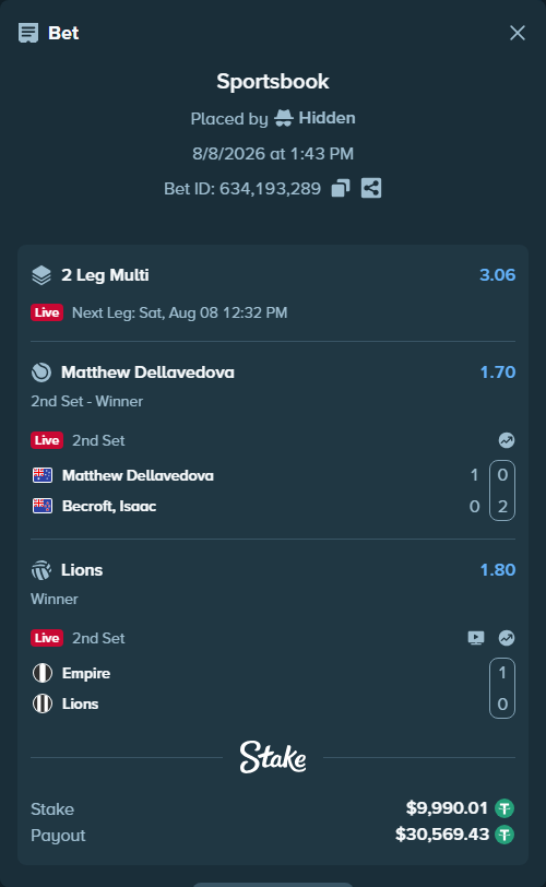 Bet slip: Matthew Dellavedova - Becroft, Isaac, $10,000.00 stake at 1.70 odds, placed by Hidden