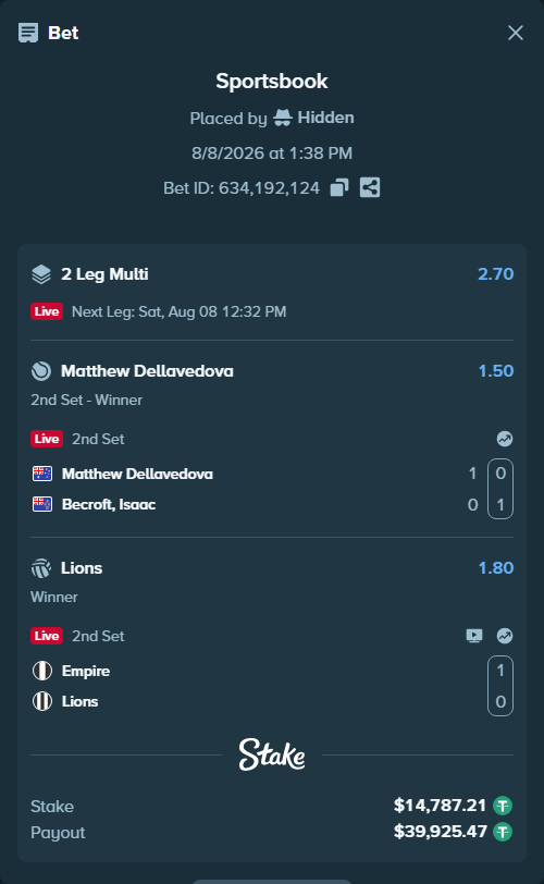 Bet slip: Matthew Dellavedova - Becroft, Isaac, $14,802.00 stake at 1.50 odds, placed by Hidden