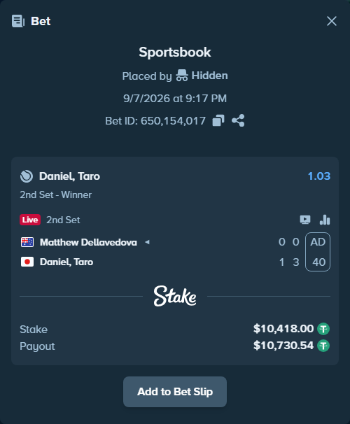 Bet slip: Matthew Dellavedova - Daniel, Taro, $10,418.00 stake at 1.03 odds, placed by Hidden