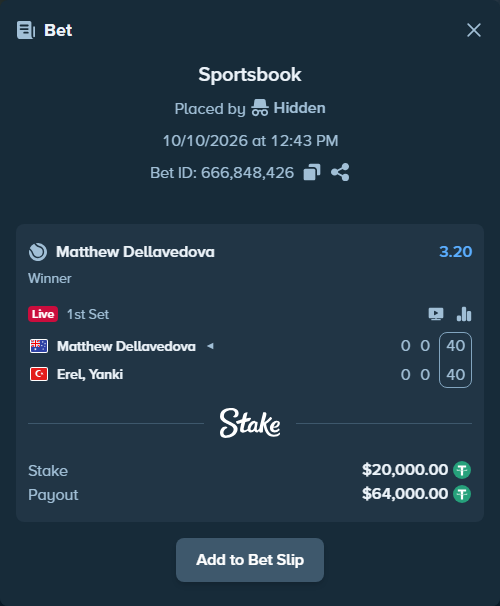 Bet slip: Matthew Dellavedova - Erel, Yanki, $20,020.00 stake at 3.20 odds, placed by Hidden