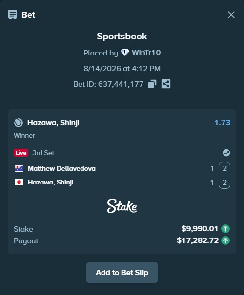 Bet slip: Matthew Dellavedova - Hazawa, Shinji, $10,000.00 stake at 1.73 odds, placed by WinTr10
