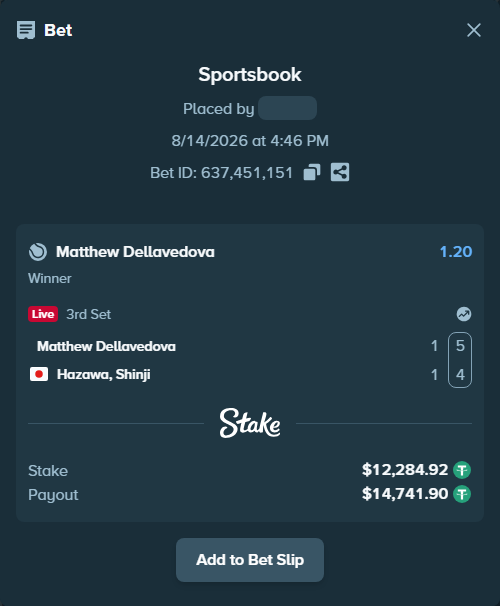 Bet slip: Matthew Dellavedova - Hazawa, Shinji, $12,297.20 stake at 1.20 odds, placed by fwj888