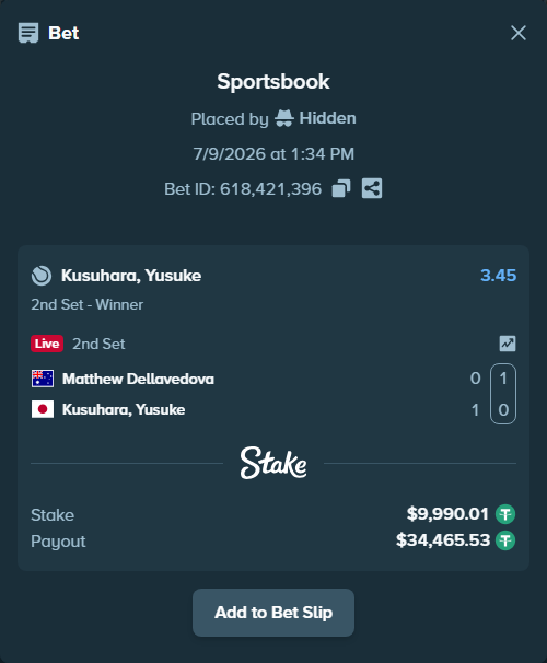 Bet slip: Matthew Dellavedova - Kusuhara, Yusuke, $10,000.00 stake at 3.45 odds, placed by Hidden