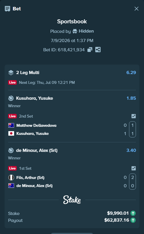 Bet slip: Matthew Dellavedova - Kusuhara, Yusuke, $10,000.00 stake at 1.85 odds, placed by Hidden